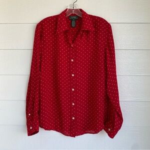 ❤️❤️ Lauren Ralph Lauren 100% Silk Blouse Size M Red with Cream Dots Long Sleeve
